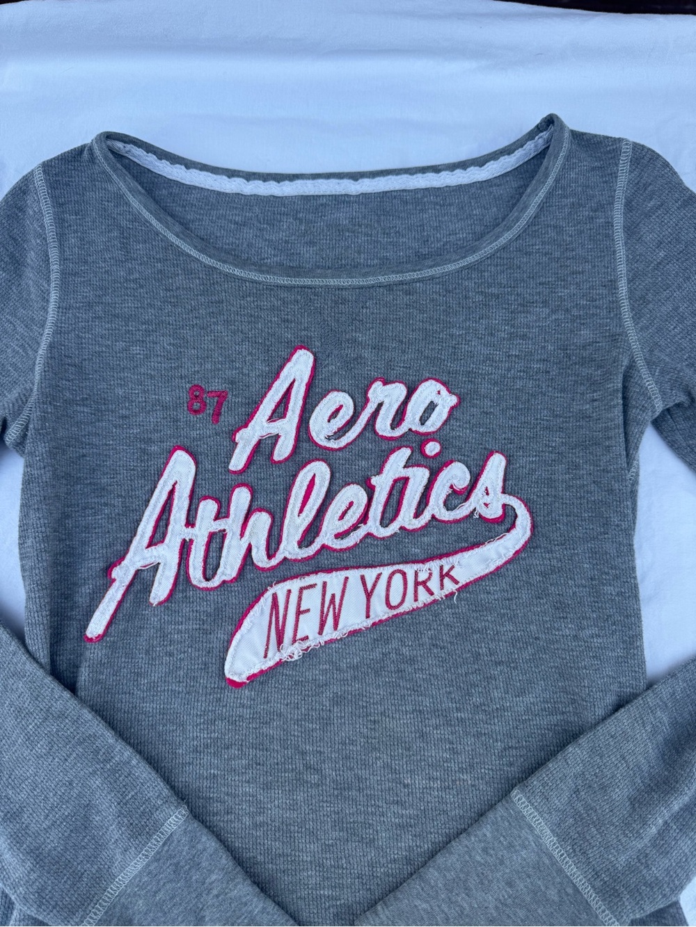Aeropostale Gray Long Sleeve Tee with Pink-Trimmed Aero Athletics Logo